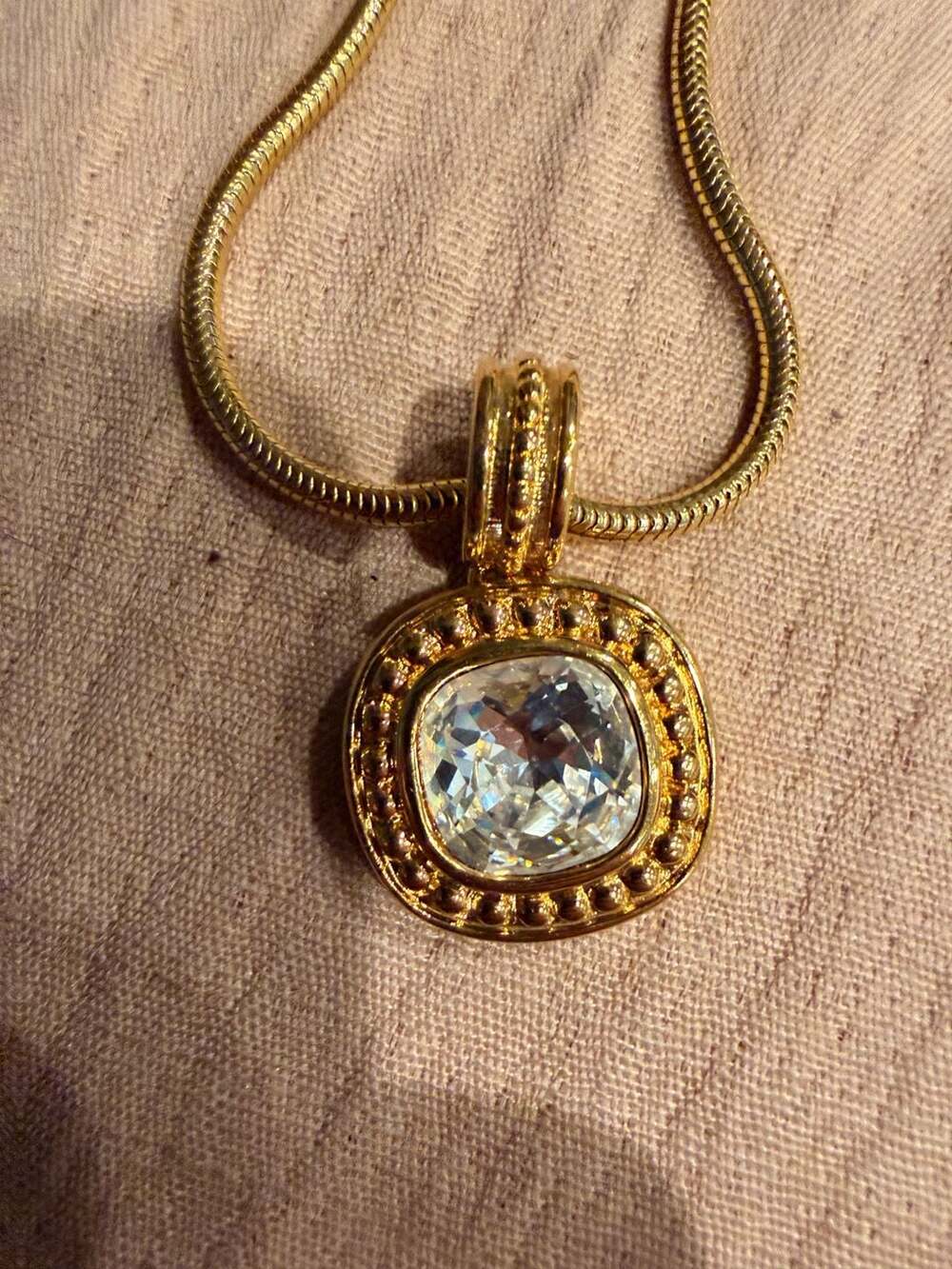 Vintage St. John Gold Tone Cushion Cut Crystal Pendant Necklace